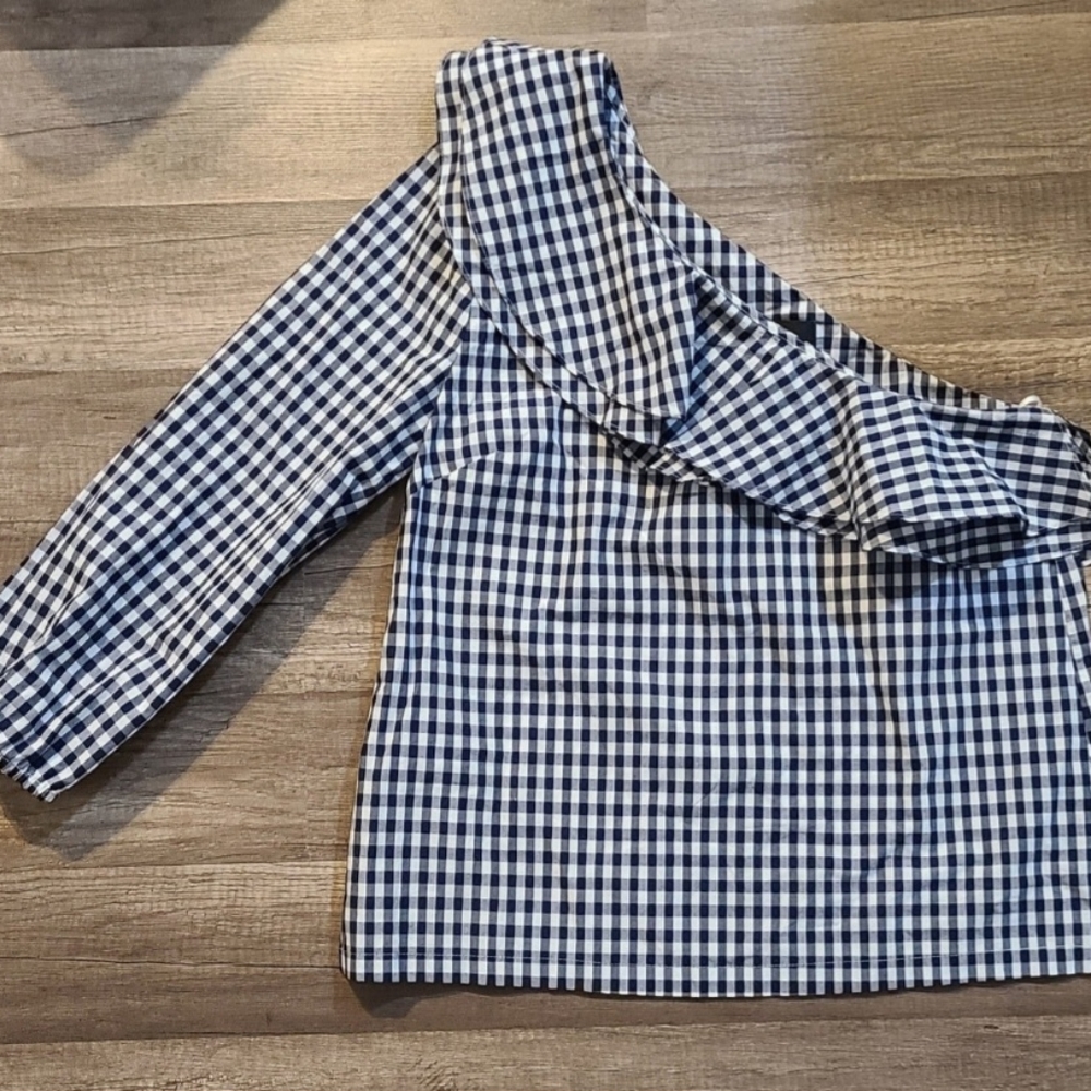 J. Crew Assymetrical Checkered Ruffle Top - Picture 9 of 10
